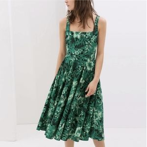 ZARA Floral Skater Apron Dress Small Hawaiian Green Pleated Fit and Flare #6318